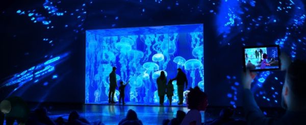 A group of people in a room with a large screen Description automatically generated