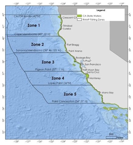 Graphic map of Dungeness crab fishing zones off the California coastline.
