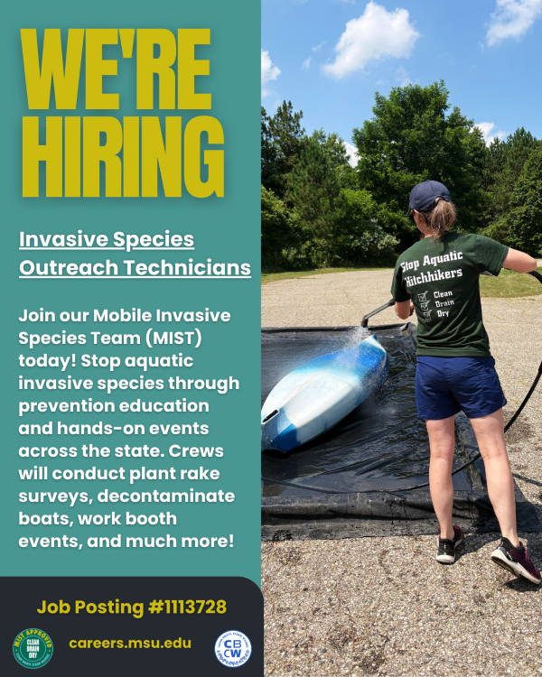 A poster showing a woman cleaning a kayak with a hose and including an announcement about this job opportunity.