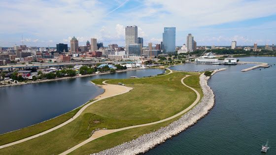 An aerial view of Lakeshore State Park along the Lake Michigan shoreline in Milwaukee.