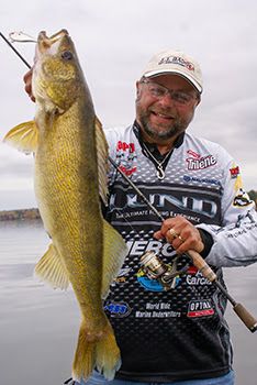 A pro walleye angler holds up his catch at a fishing clinic.