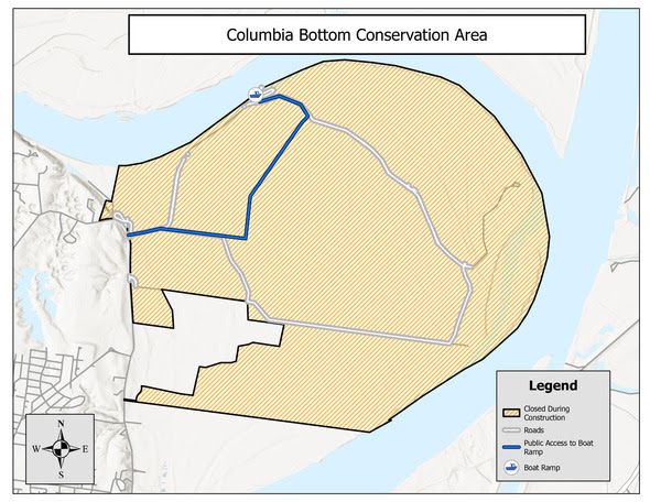 A line drawing map of Columbia Bottom Conservation Area shows the road to the boat ramp conspicuously marked in blue.
