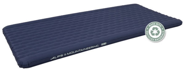 A blue air mattress with white text Description automatically generated