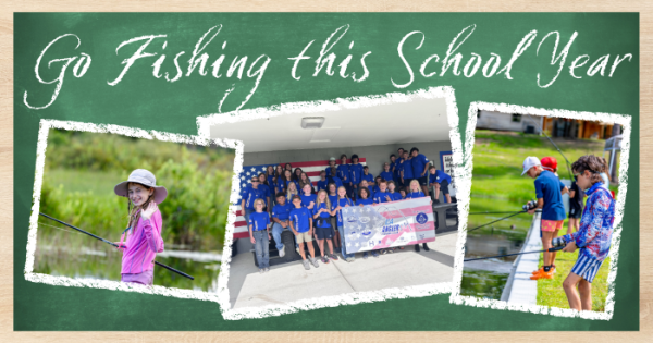 School Fishing A school blackboard with text Go School Fishing and three photos including a girl fishing, a club team photo, and several boys fishing